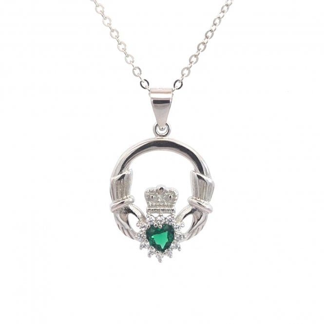 Faith Sterling Silver  CZ Halo Claddagh with Green CZ Centre Necklace 1.5 x 1.9cm, 16-18