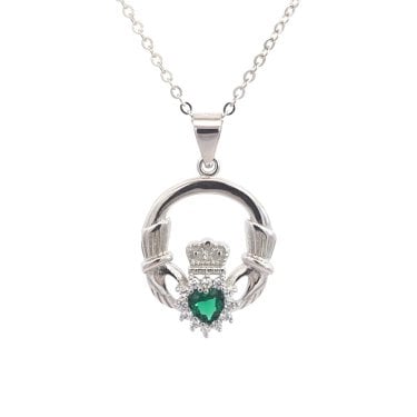 Faith Sterling Silver CZ Halo Claddagh with Green CZ Centre Necklace 1.5 x 1.9cm, 16-18"
