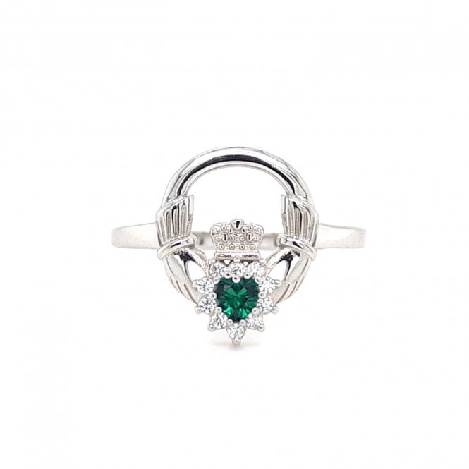 Faith Sterling Silver  CZ Halo Claddagh with Green CZ Centre Ring