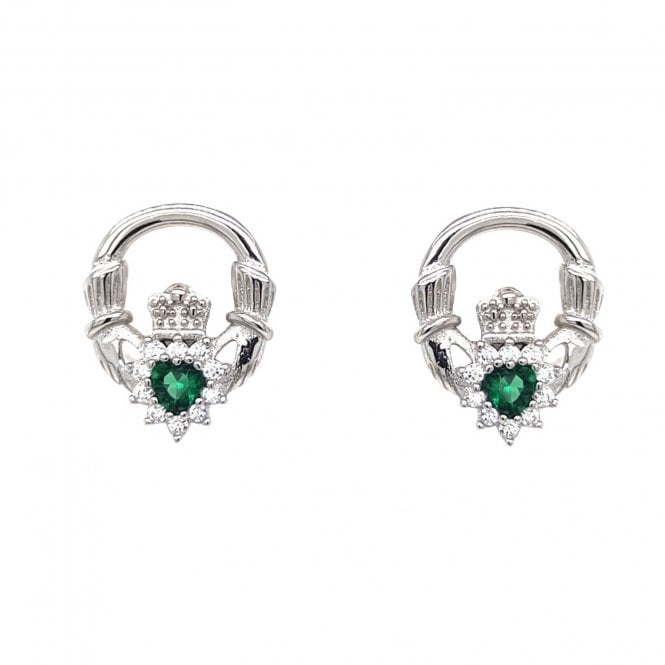 Faith Sterling Silver  CZ Halo Claddagh with Green CZ Centre Stud Earrings 1 x 1.2cm