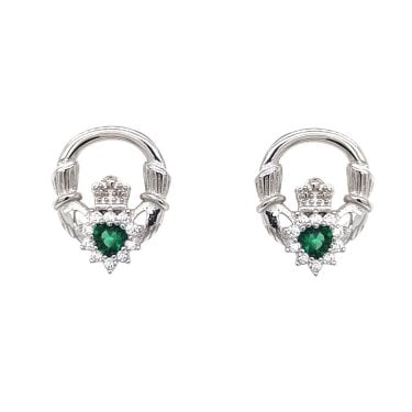 Faith Sterling Silver CZ Halo Claddagh with Green CZ Centre Stud Earrings 1 x 1.2cm