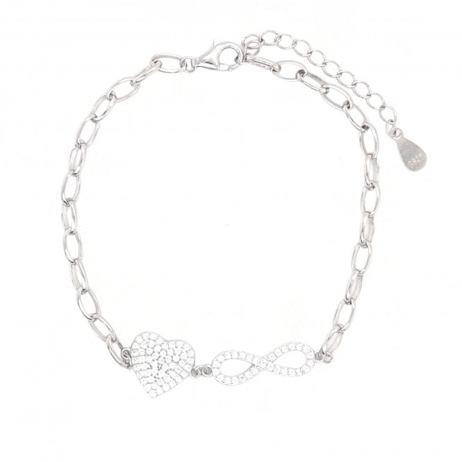 Faith Sterling Silver  CZ Heart & Infinity Belcher Link Bracelet 1 x 0.9cm, 1.6 x 0.5cm, 16.5cm + 3cm