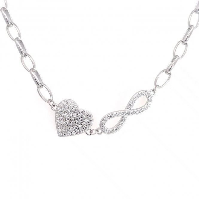 Faith Sterling Silver  CZ Heart & Infinity Belcher Link Necklace 1 x 0.9cm, 1.6 x 0.5cm, 16-18
