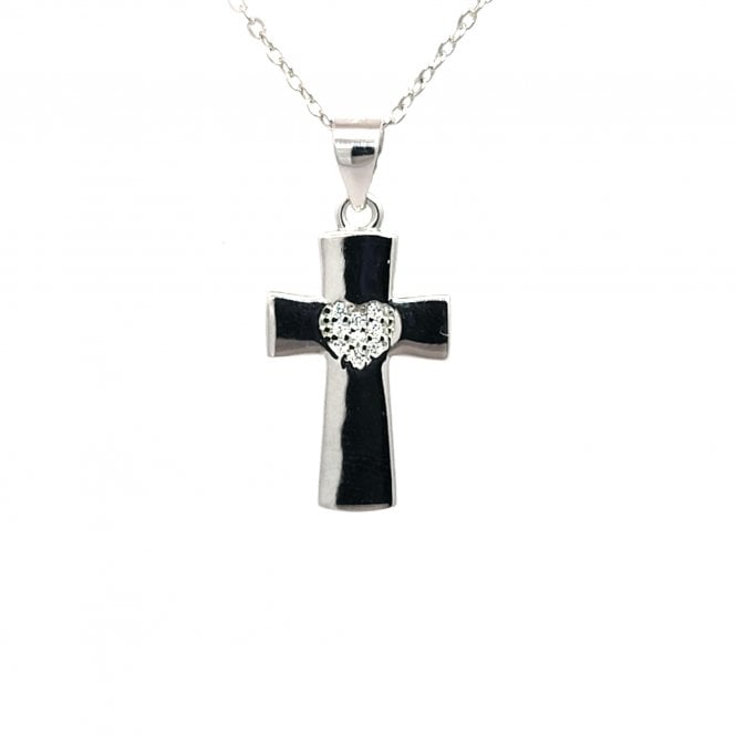 Faith Sterling Silver  CZ Heart on Plain Cross Necklace 1.2 x 1.8cm, 16-18