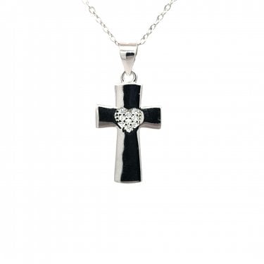Faith Sterling Silver CZ Heart on Plain Cross Necklace 1.2 x 1.8cm, 16-18"
