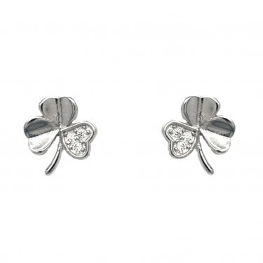 Faith Sterling Silver CZ Heart Shamrock Stud Earrings 0.8 x 1cm 