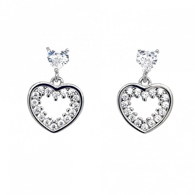 Faith Sterling Silver  CZ Heart Stud with Rubover Edge CZ Open Heart Drop Earrings 1.5 x 1cm 