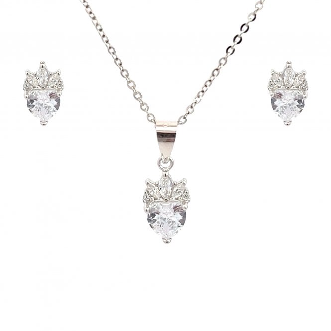 Faith Sterling Silver  CZ Heart with Crown Necklace & Earrings Set 0.5 x 0.9cm, 0.7 x 1.1cm, 16-18