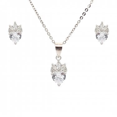 Faith Sterling Silver CZ Heart with Crown Necklace & Earrings Set 0.5 x 0.9cm, 0.7 x 1.1cm, 16-18"
