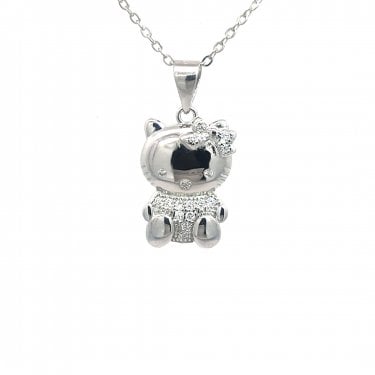 Faith Sterling Silver CZ Hello Kitty Necklace 1.2 x 1.6cm, 16-18"