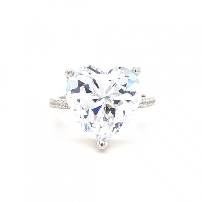 Faith Sterling Silver  CZ Large Heart Solitaire with CZ Shoulders Ring
