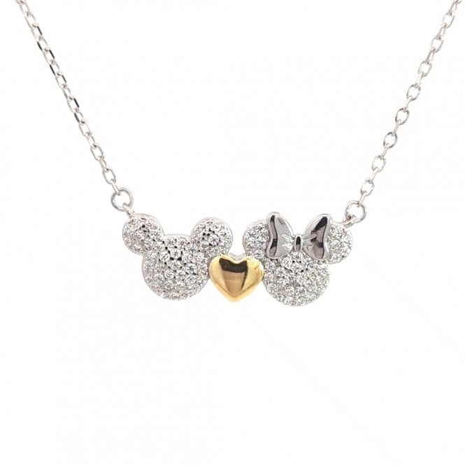 Faith Sterling Silver  CZ Mickey & Minnie with Gold Tone Heart Necklace 2.1 x 0.9cm, 16-18