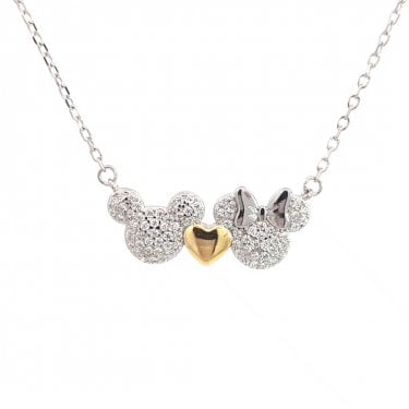 Faith Sterling Silver CZ Mickey & Minnie with Gold Tone Heart Necklace 2.1 x 0.9cm, 16-18"