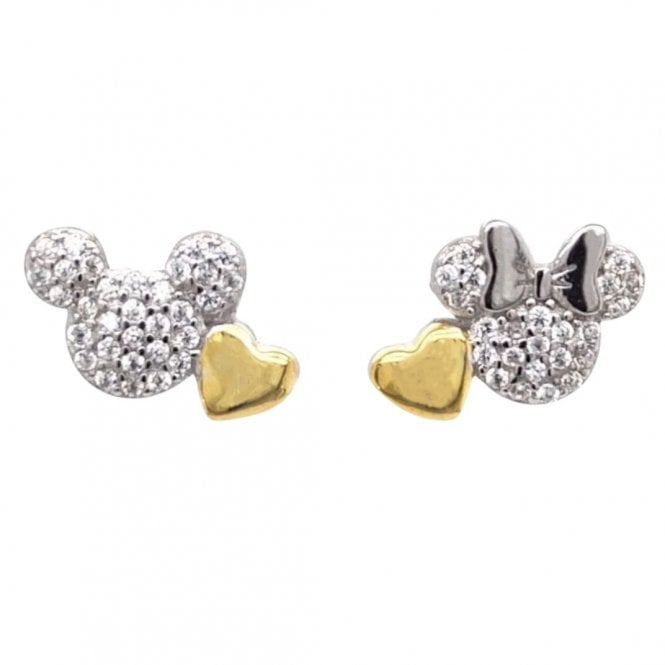 Faith Sterling Silver  CZ Mickey & Minnie with Gold Tone Heart Stud Earrings 1.1 x 0.8cm