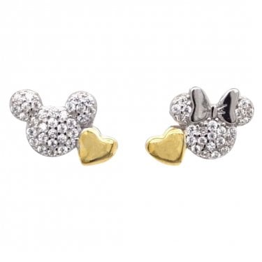 Faith Sterling Silver CZ Mickey & Minnie with Gold Tone Heart Stud Earrings 1.1 x 0.8cm