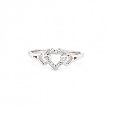 Faith Sterling Silver CZ Open Heart Centre with Plain Open Heart Sides Ring