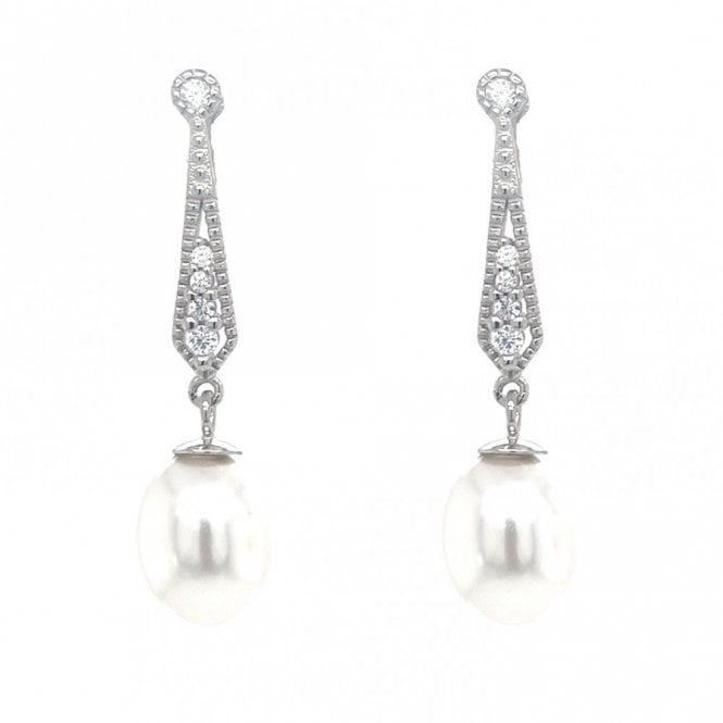 Faith Sterling Silver  CZ Ornate Drop with Pearl Drop Earrings 1 x 3cm