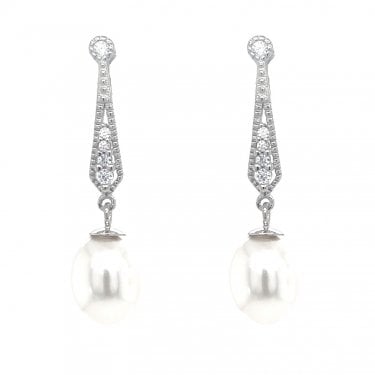 Faith Sterling Silver CZ Ornate Drop with Pearl Drop Earrings 1 x 3cm