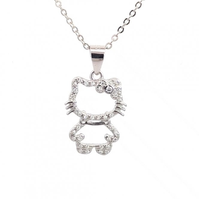 Faith Sterling Silver  CZ Outline Hello Kitty Necklace 1.3 x 1.6cm, 16-18