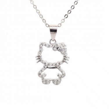 Faith Sterling Silver CZ Outline Hello Kitty Necklace 1.3 x 1.6cm, 16-18"