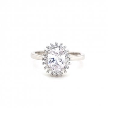 Faith Sterling Silver CZ Oval Centre with Claw Set CZ Halo Ring