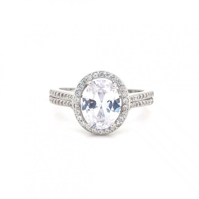 Faith Sterling Silver  CZ Oval Centre with Floating Halo & CZ Shoulders Ring