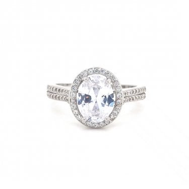Faith Sterling Silver CZ Oval Centre with Floating Halo & CZ Shoulders Ring