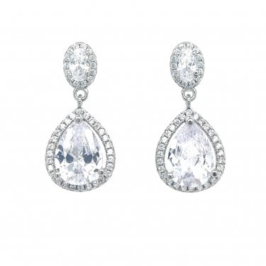 Faith Sterling Silver CZ Oval Halo Stud with Large Pear Halo Drop Earrings 2.4 x 1.2cm 
