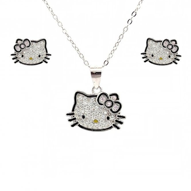 Faith Sterling Silver  CZ Pave Hello Kitty with Pink CZ Bow Necklace & Earrings Set 1.1 x 0.8cm, 1.5 x 1.1cm 16-18