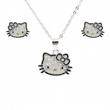 Faith Sterling Silver CZ Pave Hello Kitty with Pink CZ Bow Necklace & Earrings Set 1.1 x 0.8cm, 1.5 x 1.1cm 16-18"