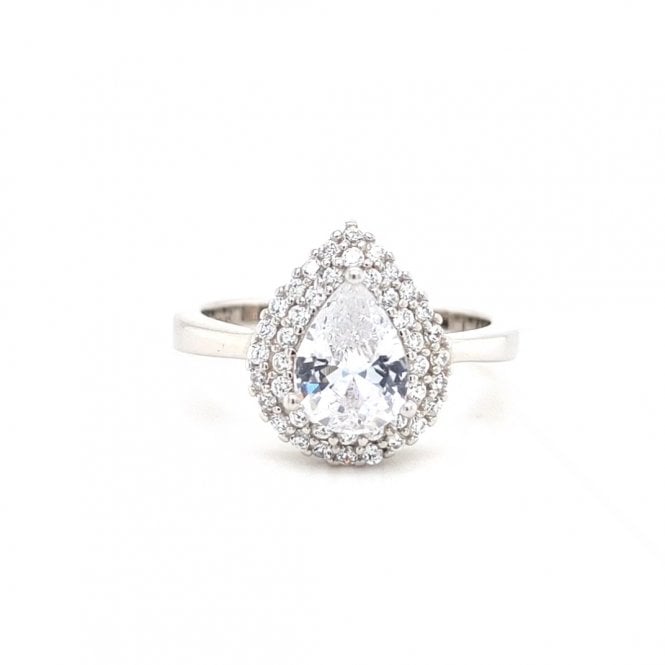 Faith Sterling Silver  CZ Pear Centre with Double Halo Ring