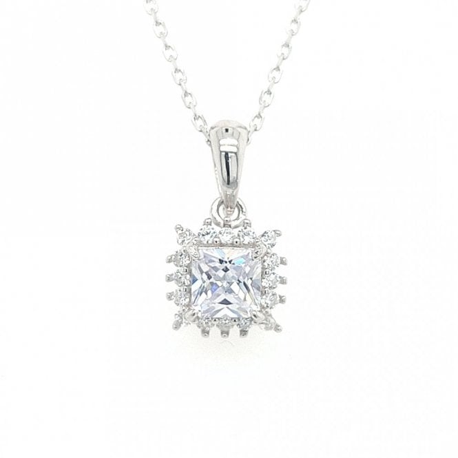 Faith Sterling Silver  CZ Pincess Cut Halo Necklace 0.9 x 0.9cm, 16-18