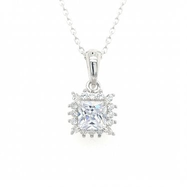 Faith Sterling Silver CZ Pincess Cut Halo Necklace 0.9 x 0.9cm, 16-18"