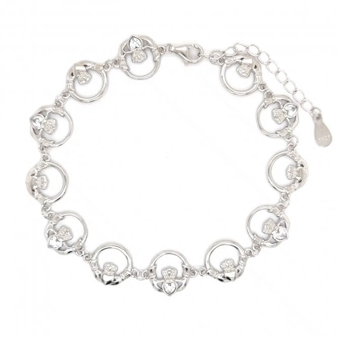 Faith Sterling Silver  CZ & Plain Alternating Claddagh Bracelet 1.1cm, 17.5-22cm