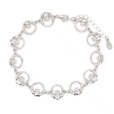 Faith Sterling Silver CZ & Plain Alternating Claddagh Bracelet 1.1cm, 17.5-22cm