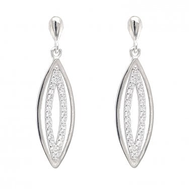 Faith Sterling Silver CZ Plain Stud with Open CZ Marquise & Plain Surround Drop Earrings 0.8 x 3.2cm