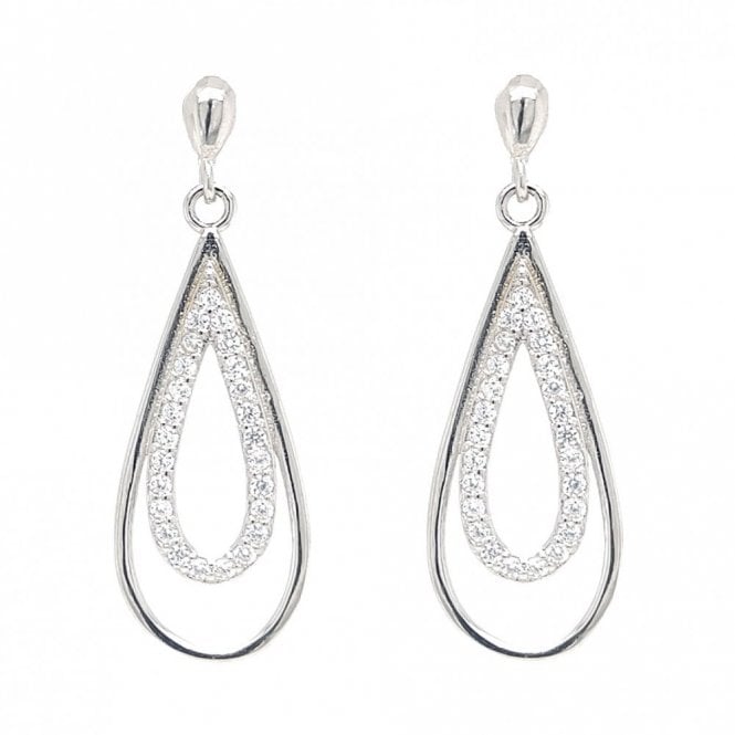 Faith Sterling Silver  CZ Plain Stud with Open CZ Pear & Plain Surround Drop Earrings 1.2 x 3.4cm