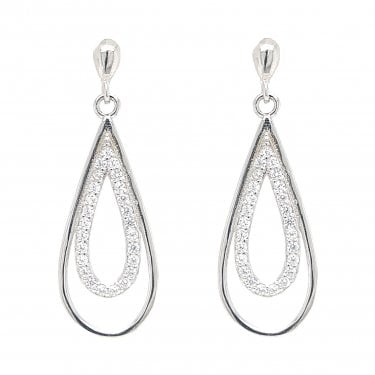 Faith Sterling Silver CZ Plain Stud with Open CZ Pear & Plain Surround Drop Earrings 1.2 x 3.4cm