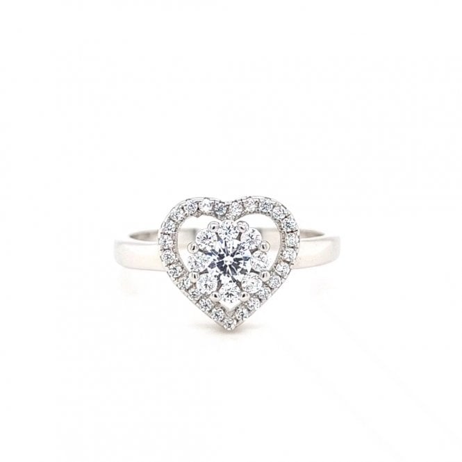 Faith Sterling Silver  CZ Round Centre Heart Halo Ring
