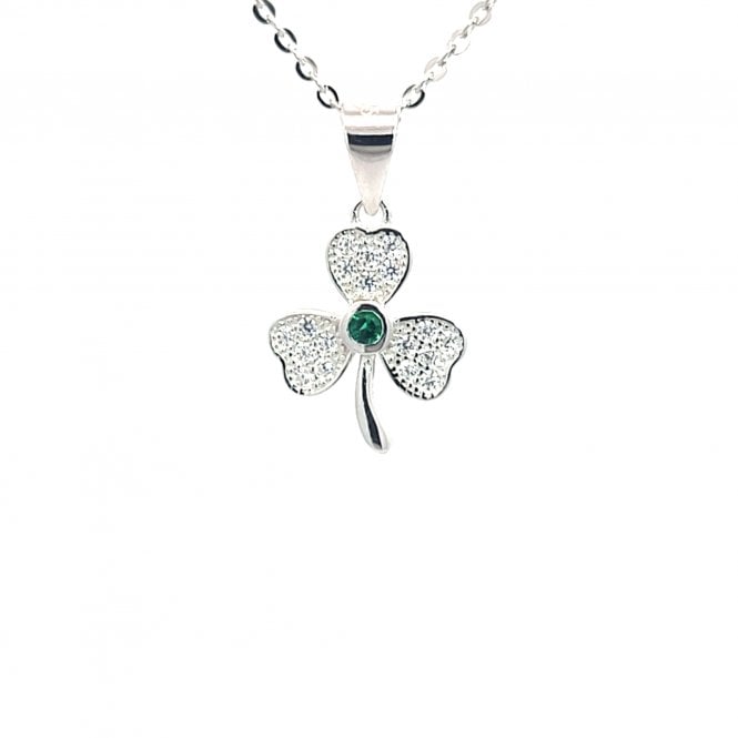 Faith Sterling Silver  CZ Shamrock with Green CZ Centre Necklace 1.2 x 1.4cm, 16-18
