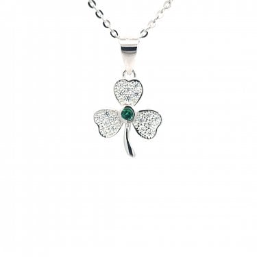 Faith Sterling Silver CZ Shamrock with Green CZ Centre Necklace 1.2 x 1.4cm, 16-18"
