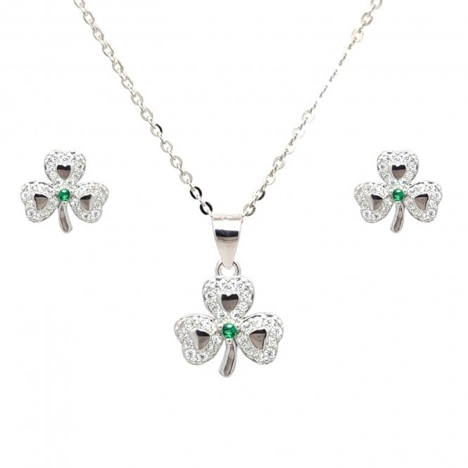 Faith Sterling Silver  CZ Shamrock with Green CZ Centre Necklace & Earrings Set 1 x 1cm, 1.3 x 1.3cm, 16-18