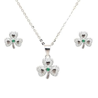 Faith Sterling Silver CZ Shamrock with Green CZ Centre Necklace & Earrings Set 1 x 1cm, 1.3 x 1.3cm, 16-18"