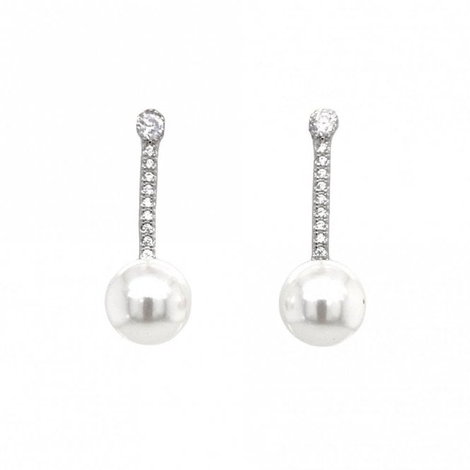 Faith Sterling Silver  CZ Stud & Long CZ Bar Drop with Single Round Pearl Earrings 0.8 x 2cm