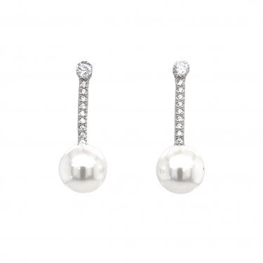 Faith Sterling Silver CZ Stud & Long CZ Bar Drop with Single Round Pearl Earrings 0.8 x 2cm