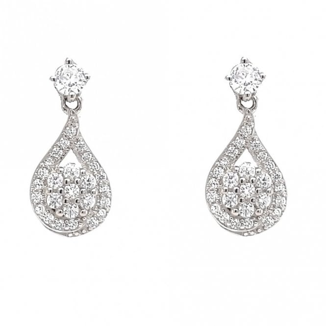 Faith Sterling Silver  CZ Stud with CZ Teardrop Cluster Drop Earrings 0.8 x 1.6cm