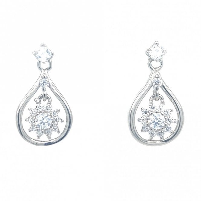 Faith Sterling Silver  CZ Stud with Plain Pear Surround & Floating Flower Centre Drop Earrings 1.5 x 1cm