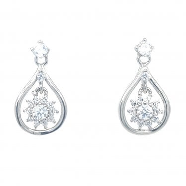Faith Sterling Silver CZ Stud with Plain Pear Surround & Floating Flower Centre Drop Earrings 1.5 x 1cm
