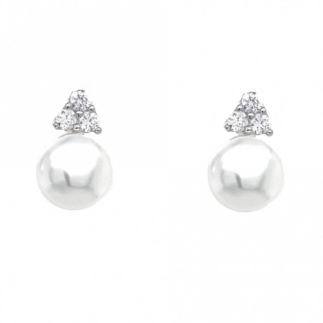 Faith Sterling Silver  CZ Triangle Cluster with Large Round Pearl Drop Earrings 0.8 x 1cm