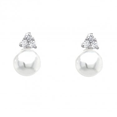 Faith Sterling Silver CZ Triangle Cluster with Large Round Pearl Drop Earrings 0.8 x 1cm